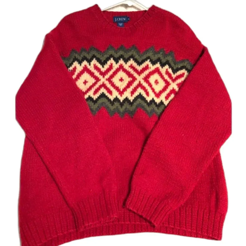 J.Crew Fair Isle Wool Sweater Men’s Medium Red Nordic Crewneck Cozy Cabin
